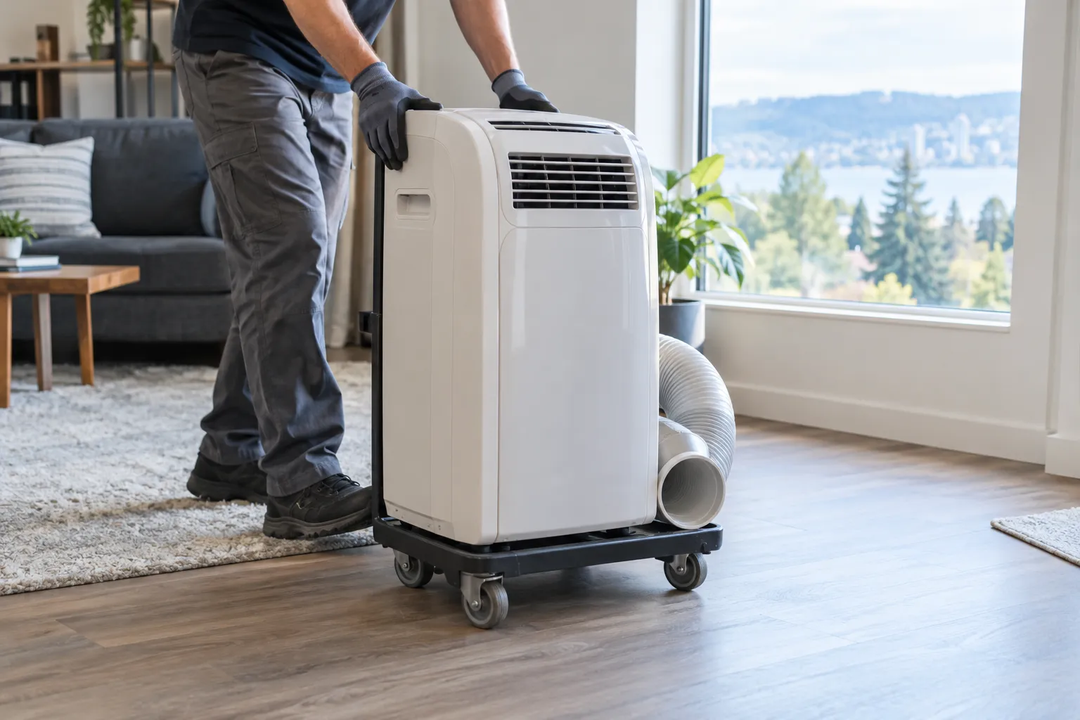 air conditioner removal in progress with protective moving equipment