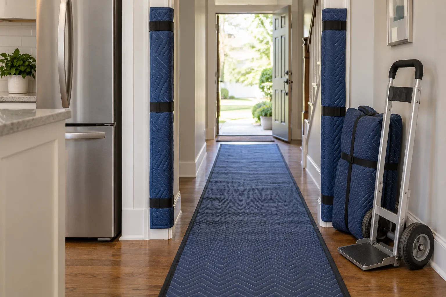 Protected hallway and appliance-moving equipment prepared for a pickup