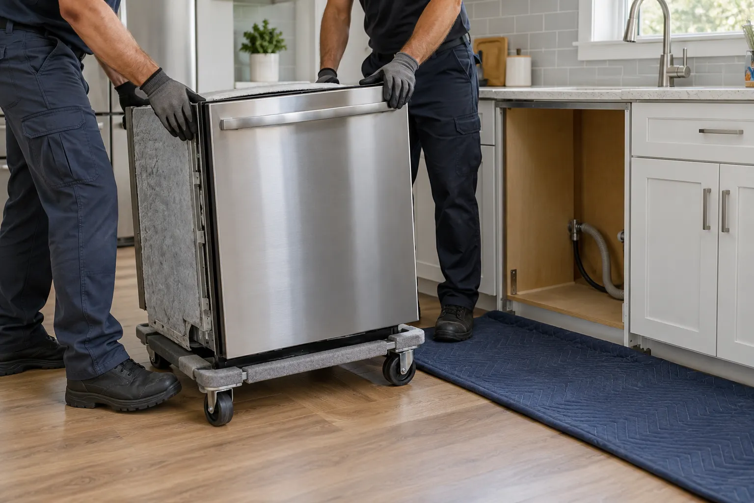 dishwasher removal in progress with protective moving equipment